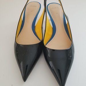 Zara black patent sling back pump with kitten heel in Cobalt suede